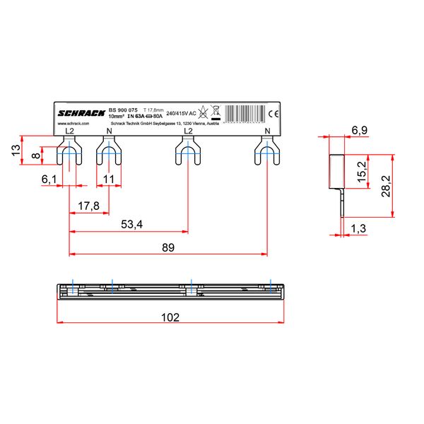 Busbar, 2-pole, L2, 1xRCCB 4-pole to 1xRCBO 1+N, 6MW, 10mmý image 3