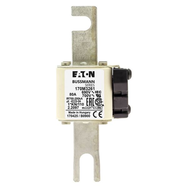 Fuse-link, high speed, 80 A, AC 690 V, compact DIN 1, 45 x 58 x 134 mm, aR, DIN, IEC, type K indicator, 110 mm centres image 14