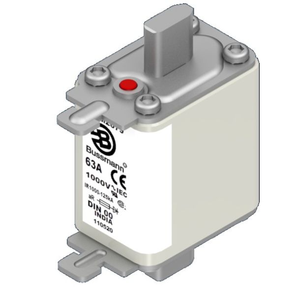 Fuse-link, high speed, 63 A, AC 1000 V, DIN 00, aR, DIN, IEC, single indicator, live gripping lugs image 4