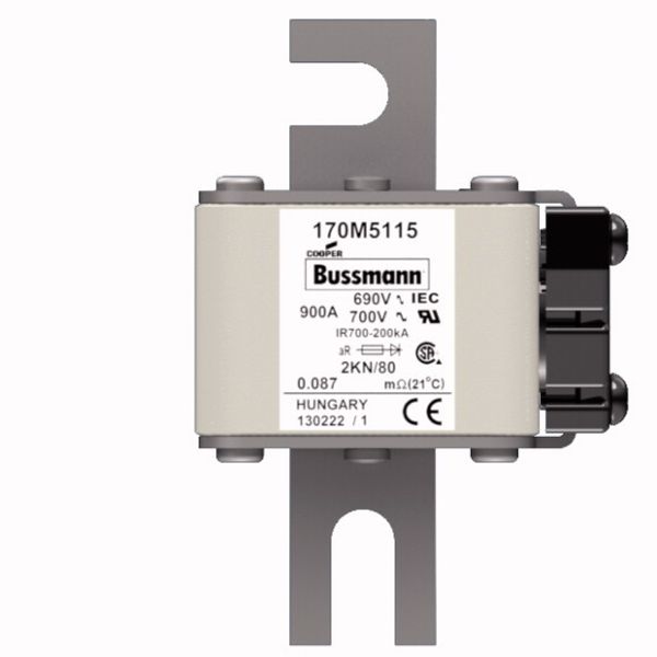 Fuse-link, high speed, 900 A, AC 690 V, DIN 2, 61 x 77 x 108 mm, aR, DIN, IEC, single indicator image 1