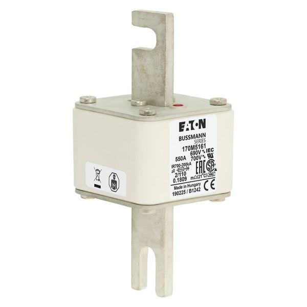 Fuse-link, high speed, 550 A, AC 690 V, DIN 2, 61 x 61 x 108 mm, aR, DIN, IEC, single indicator, 110 mm centres image 15