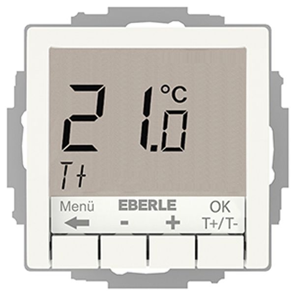 Flush-mounted thermostat as room controller, RAL9010 glossy 55x55, AC 230V, 1 changeover contact, heating 5(2) A, cooling 1(1) A, white backlighting image 2