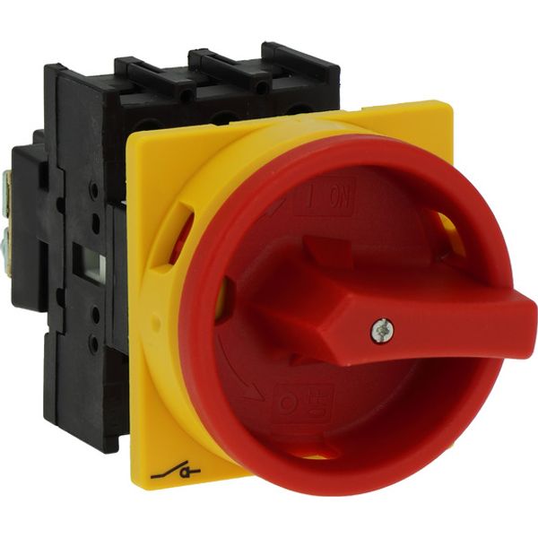 Main switch, P1, 40 A, flush mounting, 3 pole, Emergency switching off function, With red rotary handle and yellow locking ring, Lockable in the 0 (Of image 2