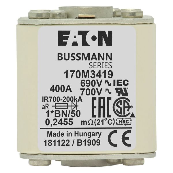 Fuse-link, high speed, 400 A, AC 690 V, compact size 1, 45 x 59 x 51 mm, aR, IEC, UL, single indicator, flush end, M8 image 4