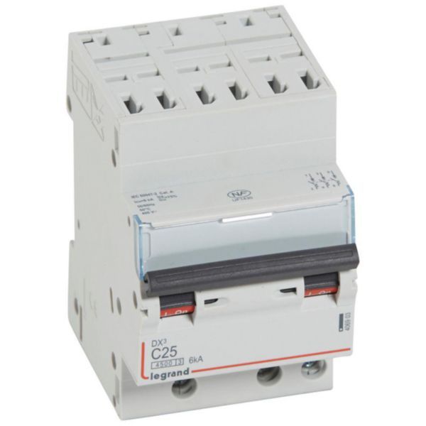 Circuit breaker DX³4500 6kA high inlet via automatic terminals low outlet via screw terminals - three-pole 400V~ 25A curve C - 3 modules image 1