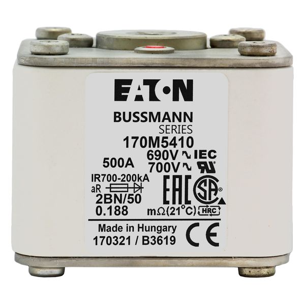 Fuse-link, high speed, 500 A, AC 690 V, size 2, 61 x 77 x 51 mm, aR, IEC, UL, single indicator, flush end, M10 image 22