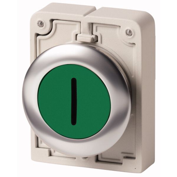 Pushbutton, RMQ-Titan, flat, maintained, green, inscribed, Front ring stainless steel image 1