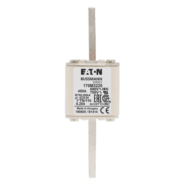 Fuse-link, high speed, 450 A, AC 690 V, compact DIN 1, 45 x 58 x 134 mm, aR, DIN, IEC, single indicator, 80 mm centres image 13