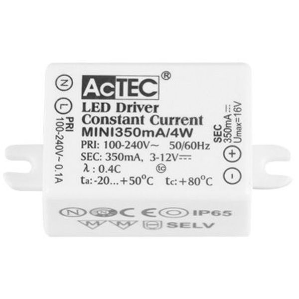 Driver 4W ACTEC MINI IP65 Input: 100-240V AC 50/60Hz Output: 3-12 VDC 350mA Not Dimmable image 1