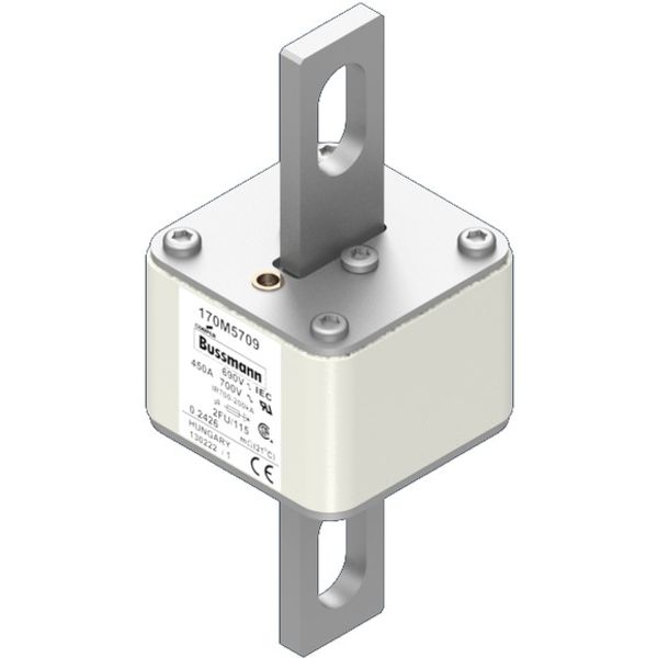 Fuse-link, high speed, 450 A, AC 690 V, size 2, 61 x 77 x 135 mm, aR, IEC, UL, no indicator, 115 mm centres image 2