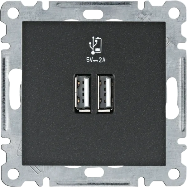 Double USB charging socket, 2xUSB type A 2A, black image 1