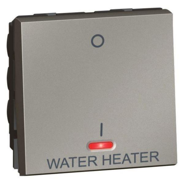 Arteor 1 Way 20AX Double Pole Switch with Red LED Indicator Marked "WATER HEATER" 2 Module Square Magnesium image 1