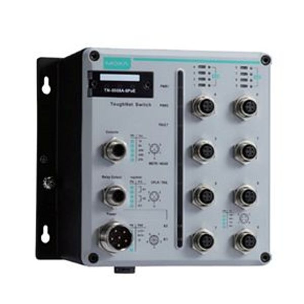 8 10/100BaseT(X) with 802.3at PoE+ ports with M12 connector, power input 24 to 110 VDC, -40 to 75°C operating temperature, conformal coating image 1