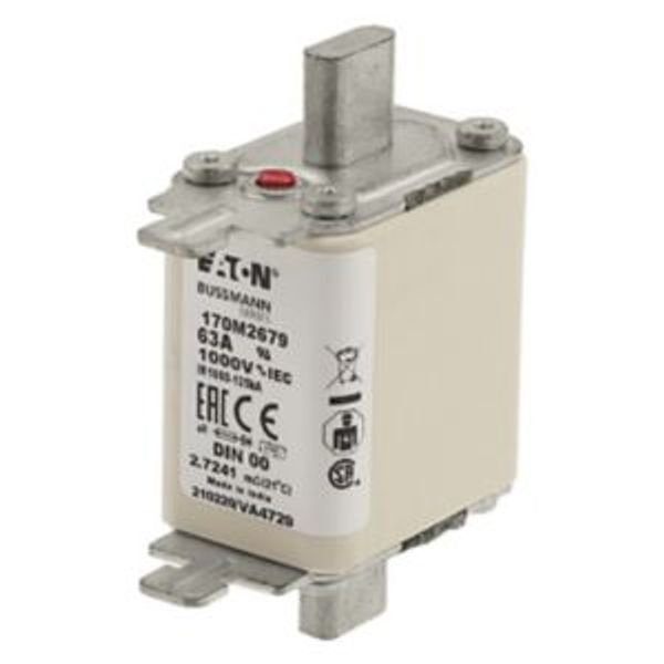 Fuse-link, high speed, 63 A, AC 1000 V, DIN 00, aR, DIN, IEC, single indicator, live gripping lugs image 5