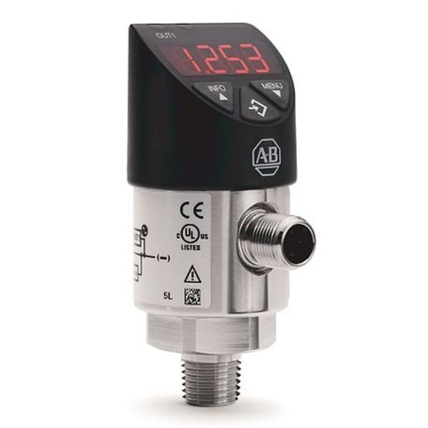 Allen-Bradley 836P-D2NFGB20PA-D4 Solid-State Pressure Sensor, Standard, Display/ Push Button, 0 psi, 1/4 NPT Female, Switch, Gauge, 200 psi, 1xPNP1x Analog IO-Link, 4 Pin DCMicro (M12), 15 – 30V DC image 1