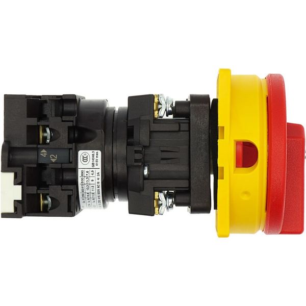 Main switch, T0, 20 A, rear mounting, 1 contact unit(s), 2 pole, Emergency switching off function, With red rotary handle and yellow locking ring, Loc image 16