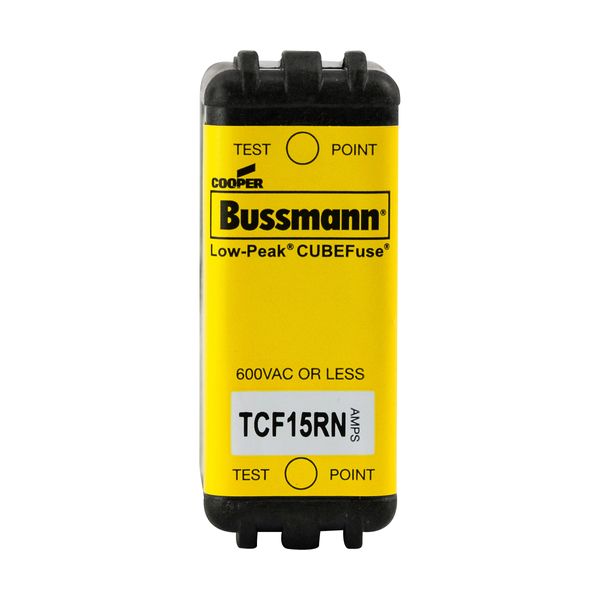 Eaton Bussmann series TCF fuse, Finger safe, 600 Vac/300 Vdc, 15A, 300 kAIC at 600 Vac, 100 kAIC at 300 Vdc, Non-Indicating, Time delay, inrush current withstand, Class CF, CUBEFuse, Glass filled PES image 1