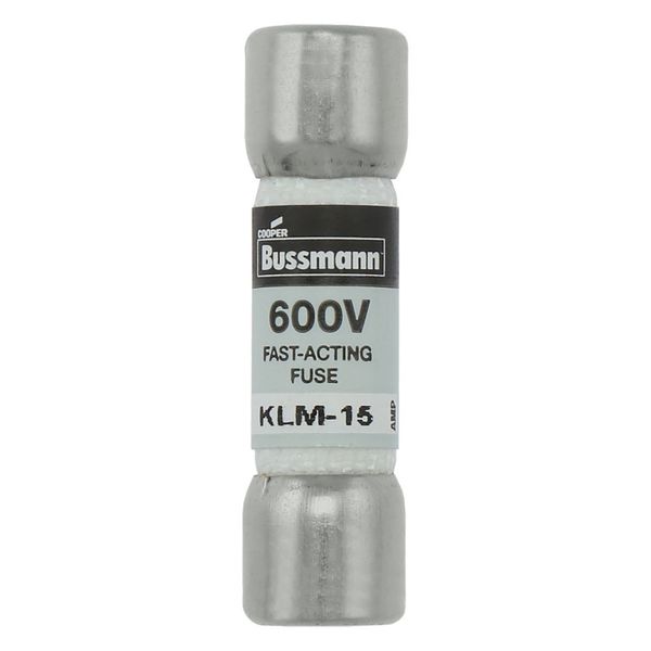 Eaton Bussmann series KLM fuse, 600 Vac, 600 Vdc, 15A, 100 kAIC at 600 Vac, 50 kAIC at 600 Vdc, Non Indicating, Fast acting, Ferrule end X ferrule end, Melamine tube, Nickel-plated bronze endcap image 1