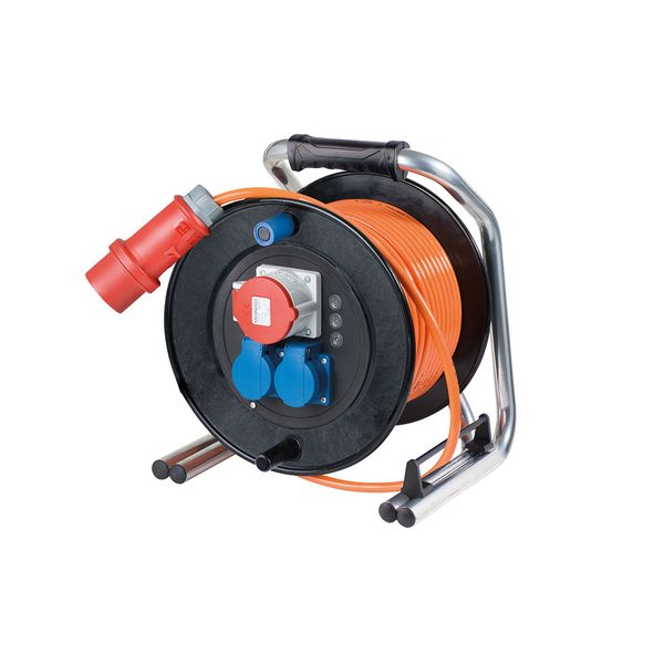 Hardrubber cable reel  290mmO30m H07BQ-F 5G2,5 orange with CEE plug 400V/16A/5pole2 Schuko sockets, 230V/16A with hinged lids,1 CEE socket 400V/16A/5poleThermal cut-out230V/16A/max. 3500WIP44 image 1
