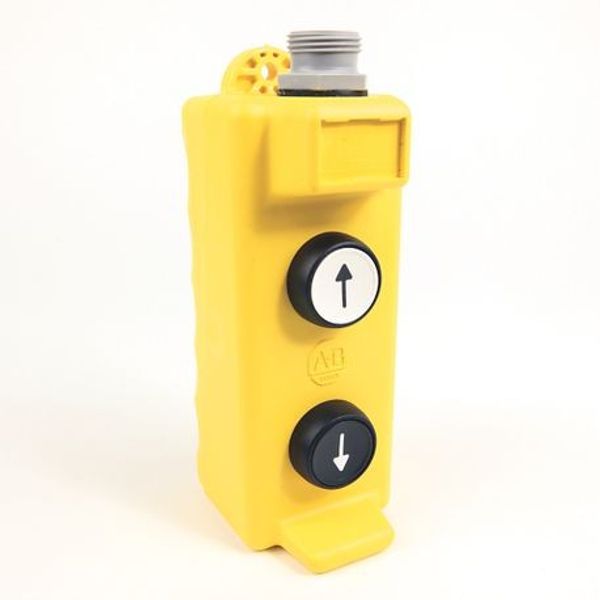 Allen-Bradley 800F-P251 Assembled Station, 2 Hole, Yellow Plastic (4/4X/13), Prewired with 4 Pin-Male Mini Quick Disconnect Connector, Includes - WhiteFlushUp Arrow  Push Button with 1 N.O. / 1 N.C. Contact Block image 1