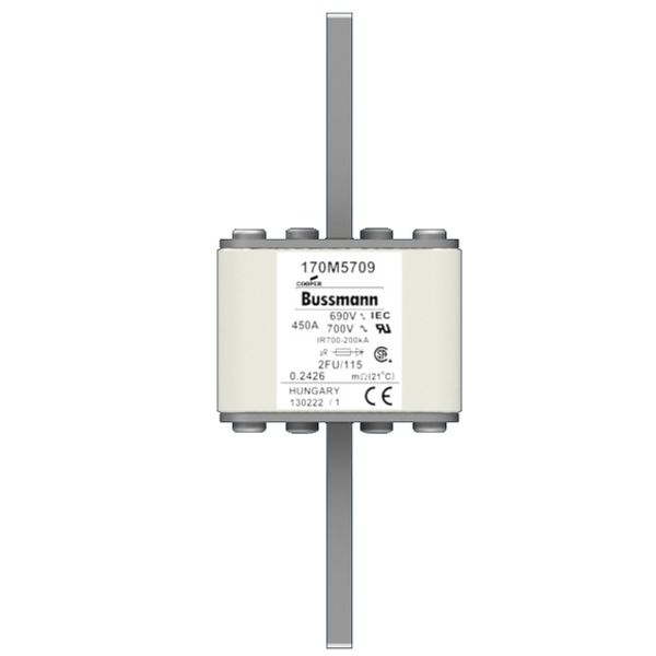 Fuse-link, high speed, 450 A, AC 690 V, size 2, 61 x 77 x 135 mm, aR, IEC, UL, no indicator, 115 mm centres image 1