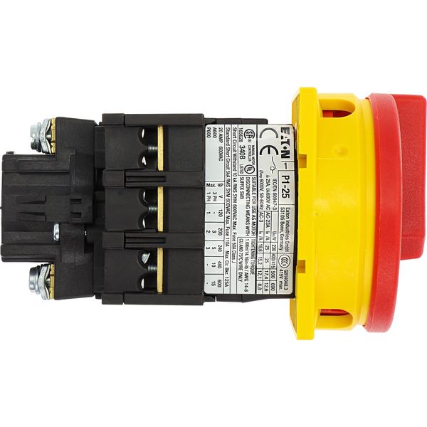 Main switch, P1, 25 A, flush mounting, 3 pole, Emergency switching off function, With red rotary handle and yellow locking ring, Lockable in the 0 (Of image 40