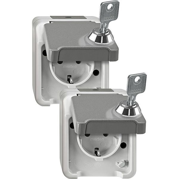 SCHUKO socket with touch protection, lockable with 2 identical closures/light gray set of 2, AQUASTAR image 1