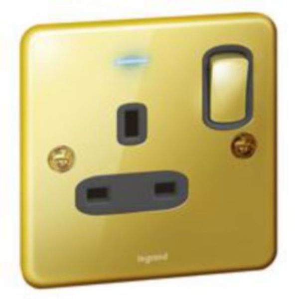 Synergy™ Authentic - 1 gang switched single pole BS socket outlet 13A + blue led power indicator Glossy gold image 1