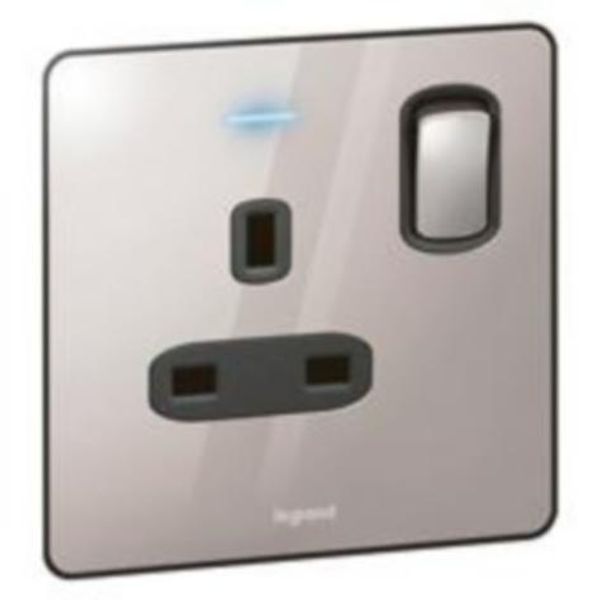 Synergy™ Sleek - 1 gang switched double pole socket outlet 13A + blue led power indicator - Polished Stainless steel image 1