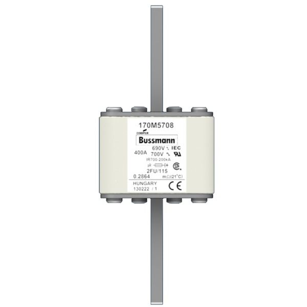 Fuse-link, high speed, 400 A, AC 690 V, size 2, 61 x 77 x 135 mm, aR, IEC, UL, no indicator, 115 mm centres image 1