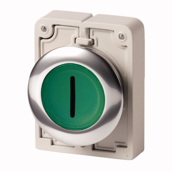 Illuminated pushbutton actuator, RMQ-Titan, Flat, momentary, green, inscribed 1, Metal bezel image 1