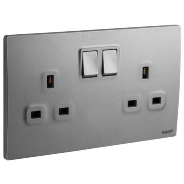 Mallia Senses - 2 gang BS switched socket outlet single pole - 13A - with 2 earth connection - Dark Silver image 1