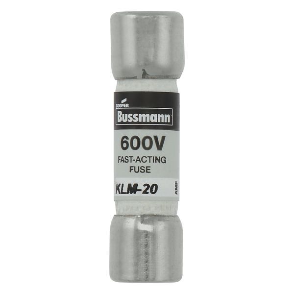 Eaton Bussmann series KLM fuse, 600 Vac, 600 Vdc, 20A, 100 kAIC at 600 Vac, 50 kAIC at 600 Vdc, Non Indicating, Fast acting, Ferrule end X ferrule end, Melamine tube, Nickel-plated bronze endcap image 1