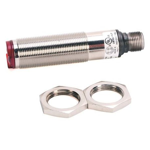 Allen-Bradley 42CM-D1MNAL-D4 18 mm Metal Sensor, 18 mm Cylindrical, Standard Diffuse, Infrared, Manually Adjustable, NPN, DC Complementary LO/DO, 4 Pin Micro Quick Disconnect, Metal, 18mm Mount, 2.00 ms, 3 mm Minimum Sensing Distance image 1