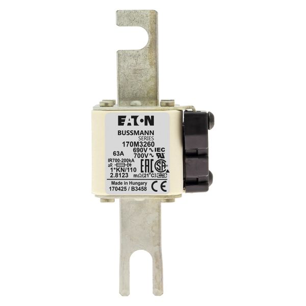 Fuse-link, high speed, 63 A, AC 690 V, compact DIN 1, 45 x 58 x 134 mm, aR, DIN, IEC, type K indicator, 110 mm centres image 15