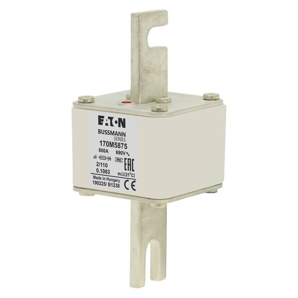 Fuse-link, high speed, 800 A, AC 690 V, size 2, 61 x 75 x 140 mm, aR, DIN, IEC, single indicator image 2