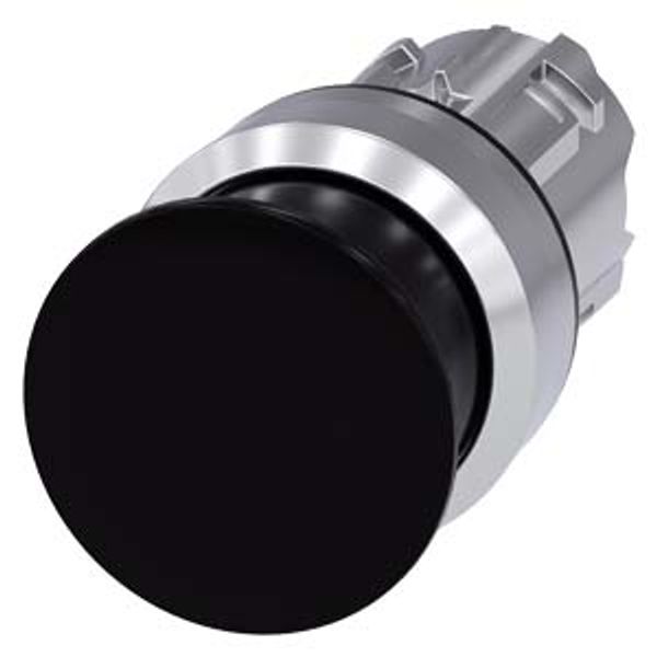 Mushroom pushbutton, 22 mm, round, metal, shiny, black, 30 mm, momentary contact type, with laser labeling, lower case image 1