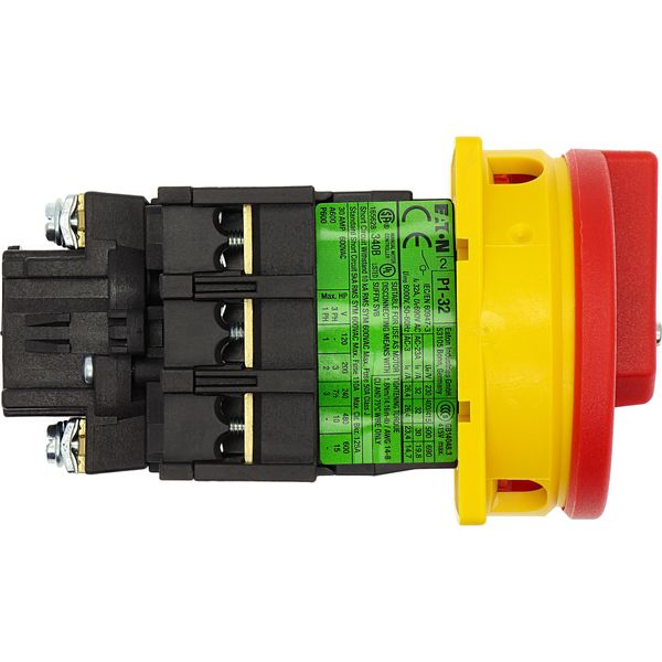 Main switch, P1, 32 A, flush mounting, 3 pole, Emergency switching off function, With red rotary handle and yellow locking ring, Lockable in the 0 (Of image 33