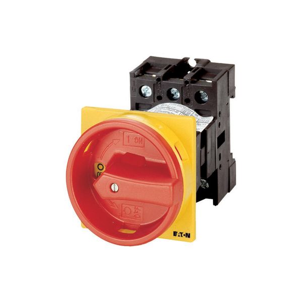 Main switch, P1, 25 A, rear mounting, 3 pole, 2 N/O, 2 N/C, Emergency switching off function, With red rotary handle and yellow locking ring image 3