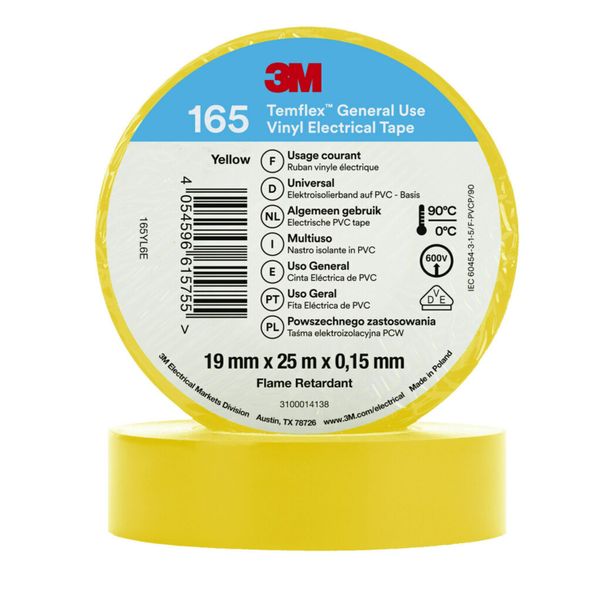 3M™ Temflex™ Vinyl Electrical Tape 165, Yellow, 19 mm x 25 m, 100 Roll image 1