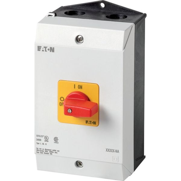 On-Off switch, P1, 32 A, surface mounting, 3 pole, Emergency switching off function, with red thumb grip and yellow front plate, UL/CSA image 3