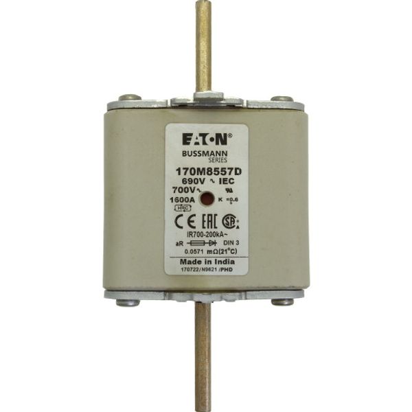 Fuse-link, high speed, 1500 A, AC 690 V, DIN 3, aR, DIN, IEC, dual (combination) indicator system image 2