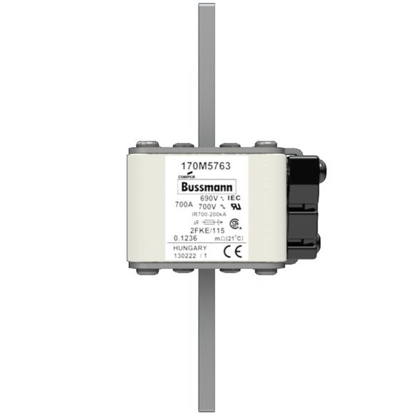 Fuse-link, high speed, 700 A, AC 690 V, size 2, 61 x 77 x 135 mm, aR, IEC, UL, type K indicator, 115 mm centres image 1