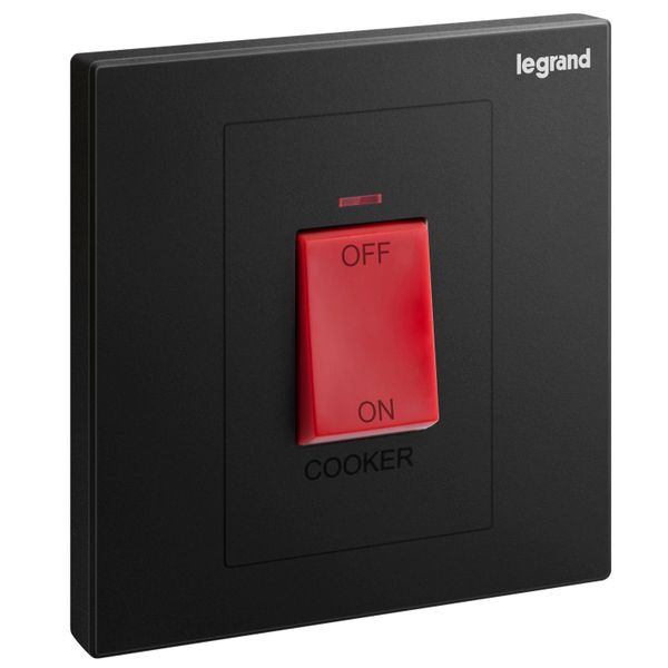 Galion - 1 gang double pole 45A switch with cooker marking, red indicator and red rocker - Matt Black image 1