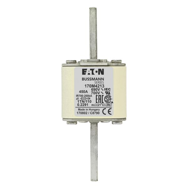 Fuse-link, high speed, 450 A, AC 690 V, DIN 1, 53 x 66 x 138 mm, aR, DIN, IEC, type T indicator image 16