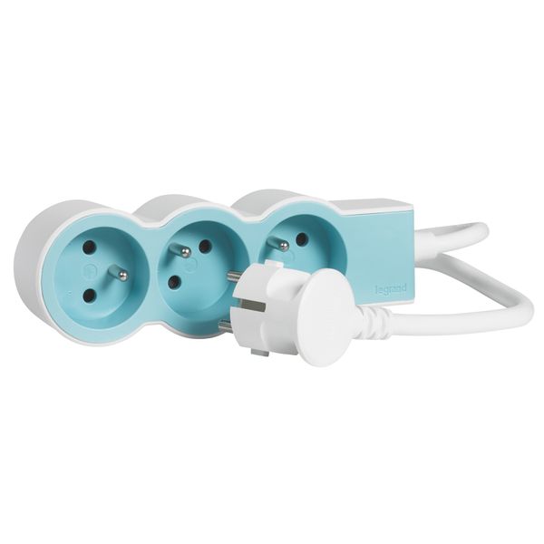 Extra-flat power strip extension equipped with 3 2P+E 16A 3680W sockets with 1.5m length cord - white and blue image 1