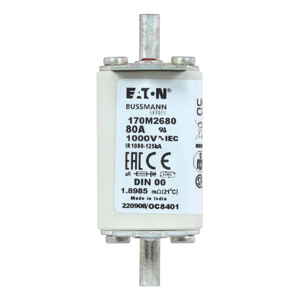 Fuse-link, high speed, 80 A, AC 1000 V, DIN 00, aR, DIN, IEC, single indicator, live gripping lugs image 10