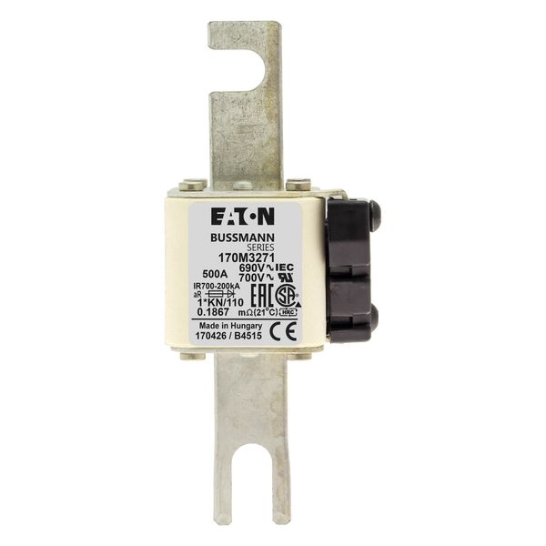 Fuse-link, high speed, 500 A, AC 690 V, compact DIN 1, 45 x 58 x 134 mm, aR, DIN, IEC, type K indicator, 110 mm centres image 17