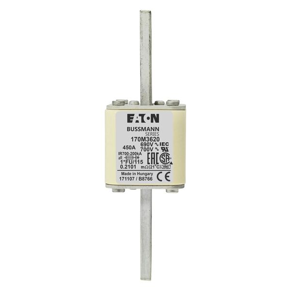 Fuse-link, high speed, 450 A, AC 690 V, compact size 1, 45 x 45 x 148 mm, aR, IEC, UL image 4