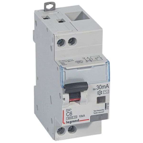 Monoblock differential circuit breaker DX³6000 10kA high inlet and low outlet U+N screw 230V~ - 6A - typeAC 30mA image 1